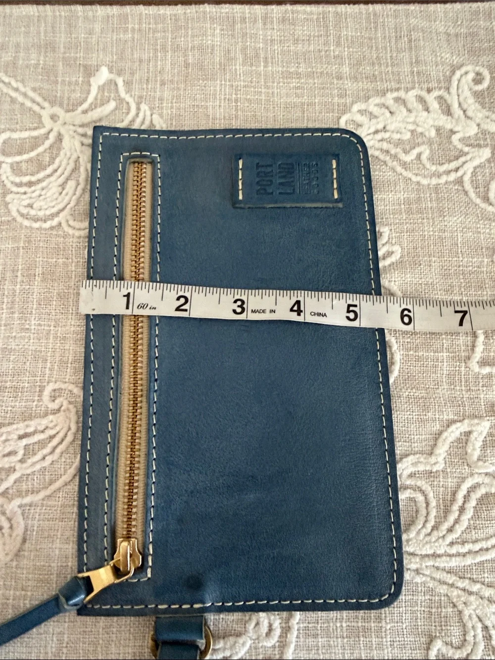 Portland Leather Goods Navy Blue Leather Wristlet Wallet with Gold Zip